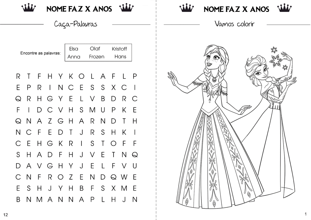 Livro de atividades da Frozen páginas 1 e 12