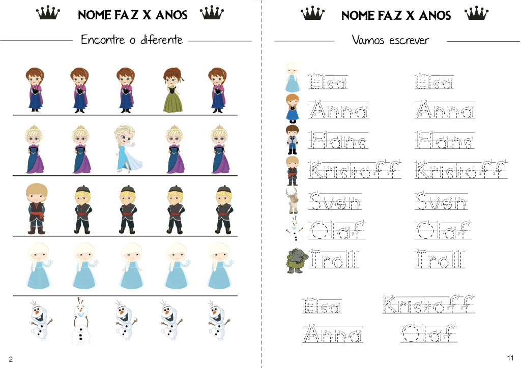 Livro de atividades da Frozen páginas 2 e 11