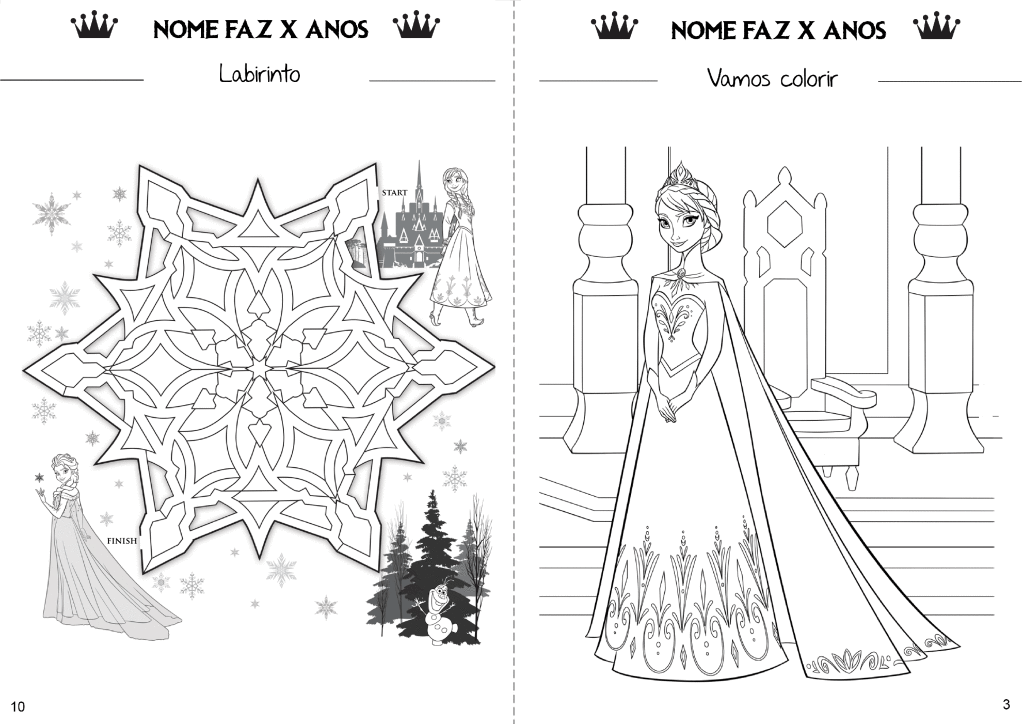Livro de atividades da Frozen páginas 3 e 10